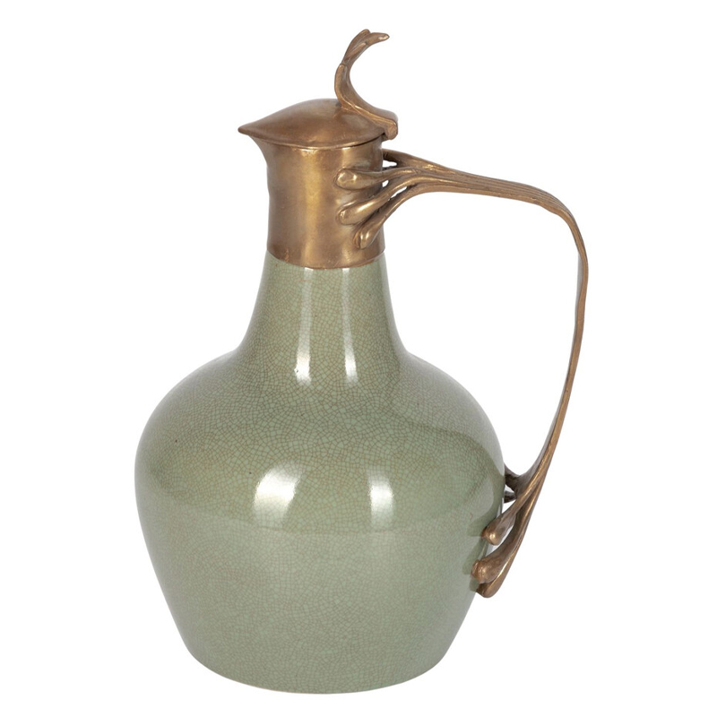 Кувшин зеленого цвета из фарфора с бронзовой крышкой и изогнутой ручкой Eden Garden porcelain and bronze Зеленый Бронза Кувшин зеленого цвета из фарфора с бронзовой крышкой и изогнутой ручкой Eden Garden porcelain and bronze Зеленый Бронза в Ульяновске | Loft Concept