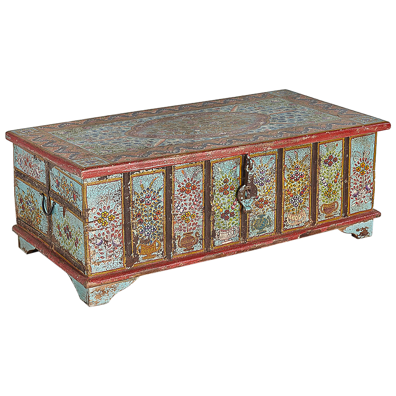 Сундук ручная роспись Pran Antique Indian Painted Chest Мульти Бирюзовый Красный в Ульяновске | Loft Concept 