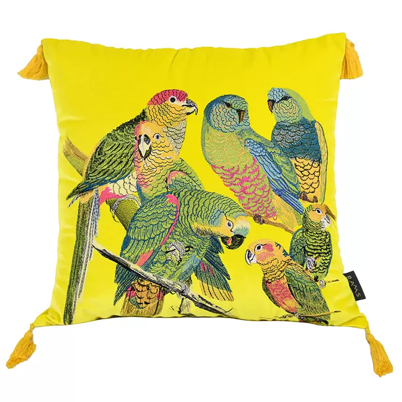 Декоративная подушка с вышивкой Embroidery Parrots Pillow Yellow Желтый Мульти в Ульяновске | Loft Concept 