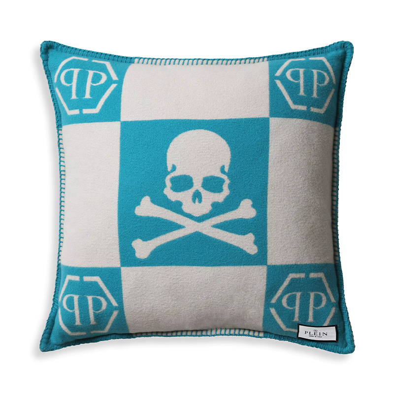 Подушка Philipp Plein Cushion Cashmere Skull 45 x 45 Голубой Белый в Ульяновске | Loft Concept 