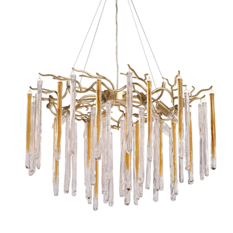 Люстра подвесная золотого цвета с разветвленными ветвями и прозрачными стеклянными подвесками Droplet Chandelier Золотой Прозрачный в Ульяновске | Loft Concept 