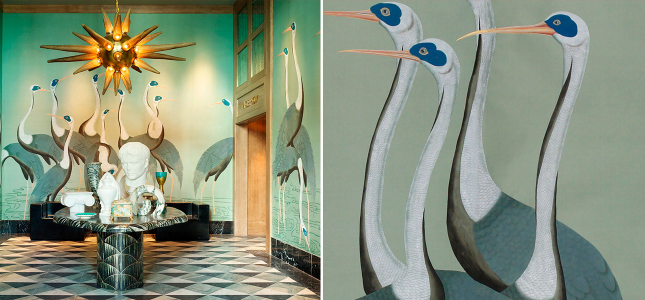 Обои ручная роспись Sarus Cranes Colourway SC-206 on Blue Grey dyed silk - фото