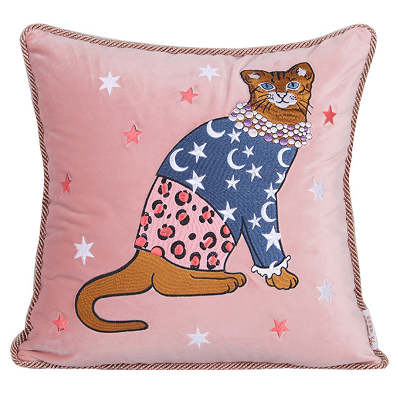 Декоративная подушка с вышивкой Magic Cat Embroidery Cushion Розовый Синий Оранжевый Мульти в Ульяновске | Loft Concept 