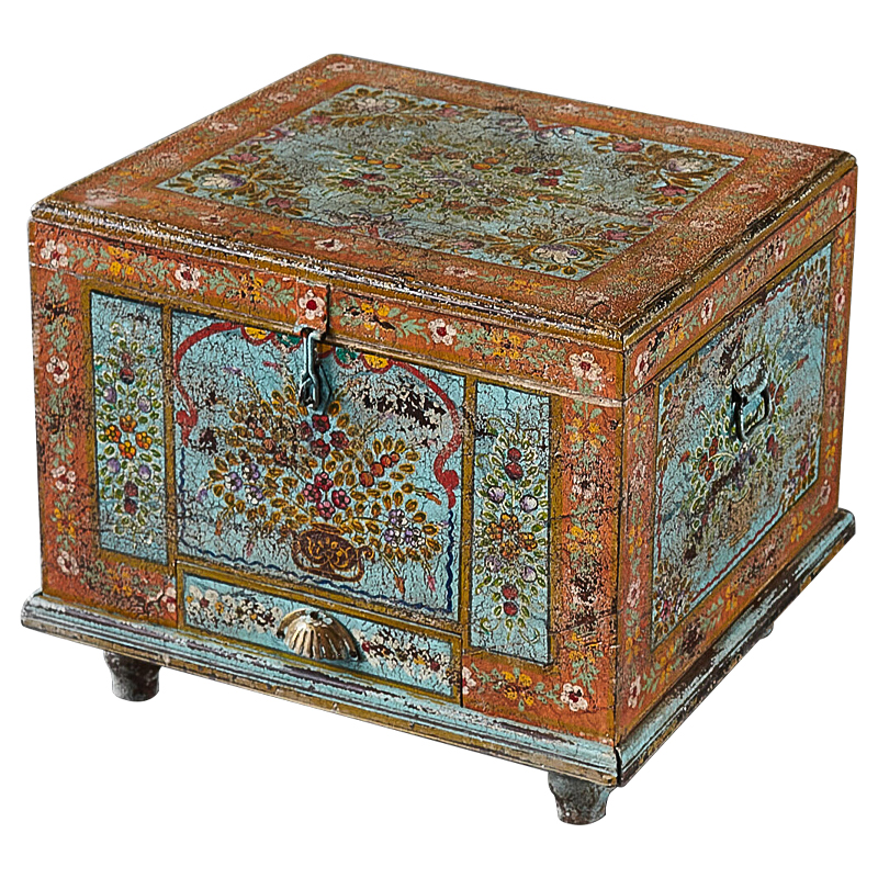 Сундук ручная роспись Harsh Antique Indian Painted Chest Мульти Бирюзовый Оранжевый в Ульяновске | Loft Concept 