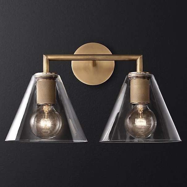 Бра RH Utilitaire Funnel Shade Double Sconce Brass Прозрачное Стекло Латунь в Ульяновске | Loft Concept 