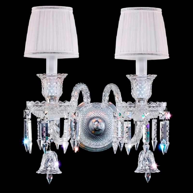 Бра с двумя белыми текстильными абажурами и хрустальными подвесками Lustre Reverie Хром Прозрачное Стекло Белый Бра с двумя белыми текстильными абажурами и хрустальными подвесками Lustre Reverie Хром Прозрачное Стекло Белый в Ульяновске | Loft Concept