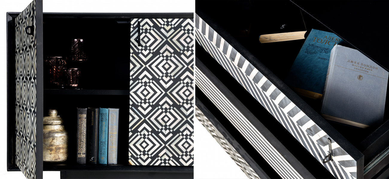 Комод с орнаментом инкрустированный костью Bone Inlay 170 см - фото №1