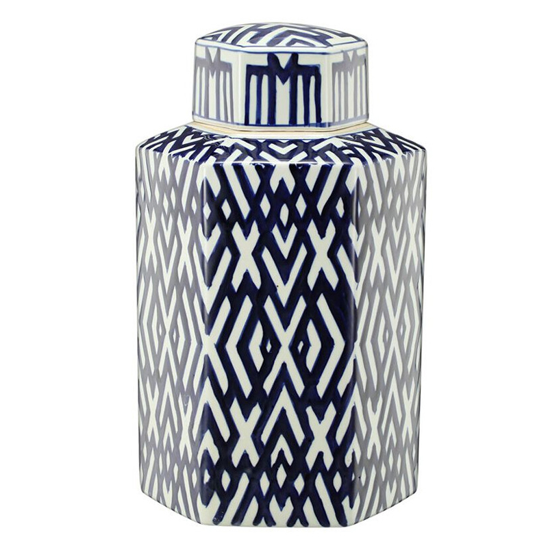 Ваза с крышкой и графическим узором в сине-белых цветах Blue & White Ornament Белый Синий Ваза с крышкой и графическим узором в сине-белых цветах Blue & White Ornament Белый Синий в Ульяновске | Loft Concept