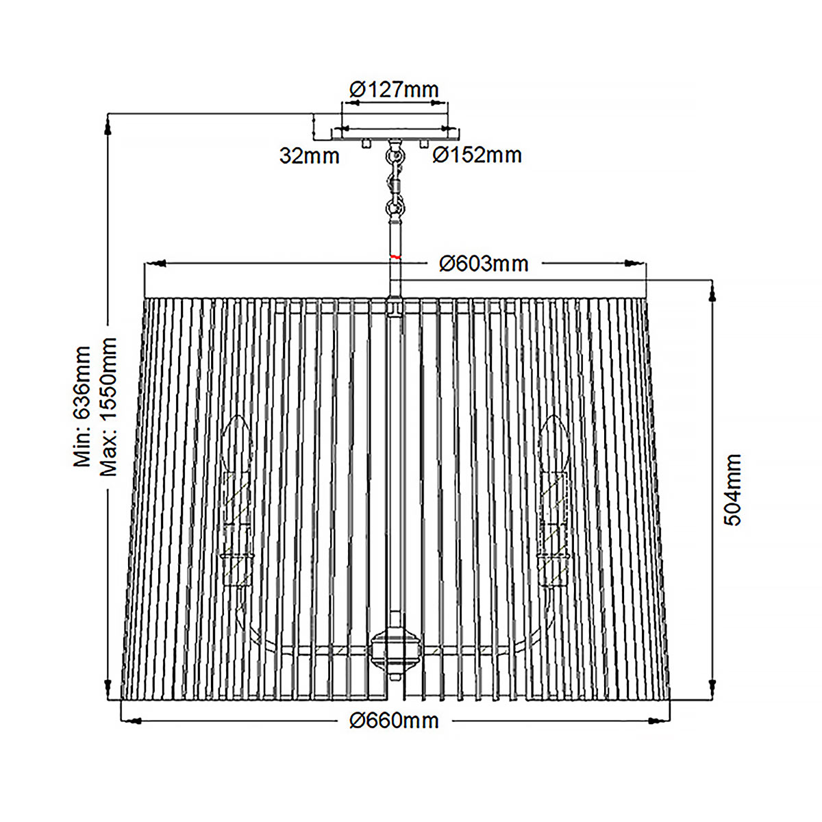 Люстра цвета латунь с 6-ю лампами свечами внутри цилиндрического абажура из черных металлических реек Kichler в Ульяновске