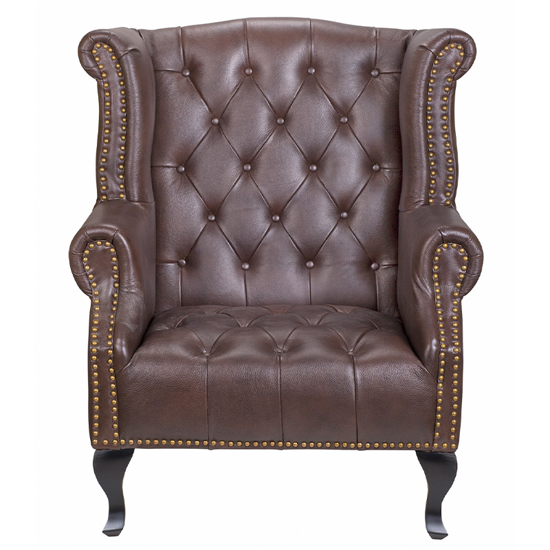 Кресло из натуральной кожи на 4-х деревянных ножках из массива бука Thomas Armchair brown Коричневый Черный в Ульяновске | Loft Concept 