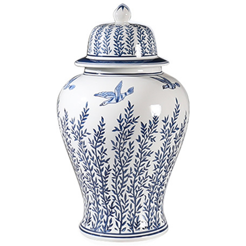 Ваза с крышкой Oriental Blue & White Flying Birds Vase Белый Синий в Ульяновске | Loft Concept 