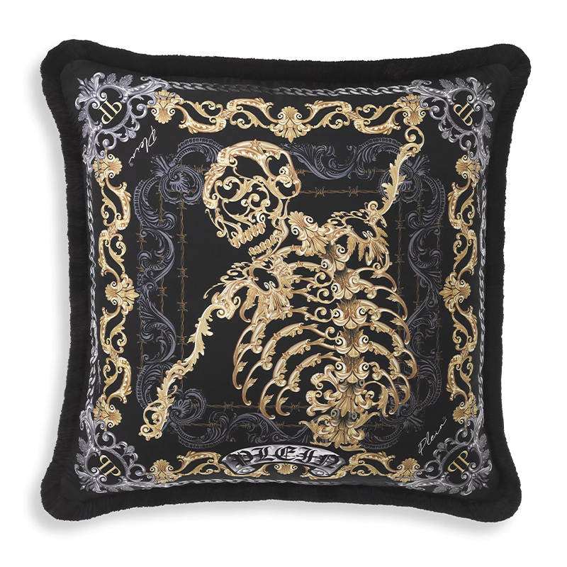 Подушка Philipp Plein Cushion Silk Skeleton 50 x 50 cm Черный Серый Золотой в Ульяновске | Loft Concept 