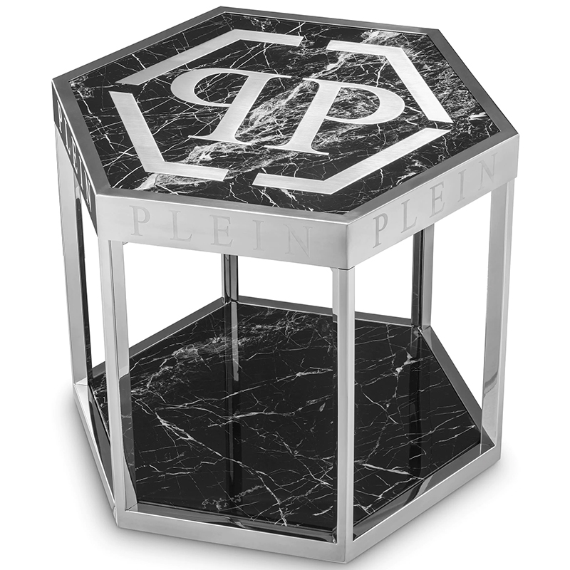 Приставной стол Philipp Plein Side Table Billionaire Chrome Хром Черный Мрамор Nero в Ульяновске | Loft Concept 