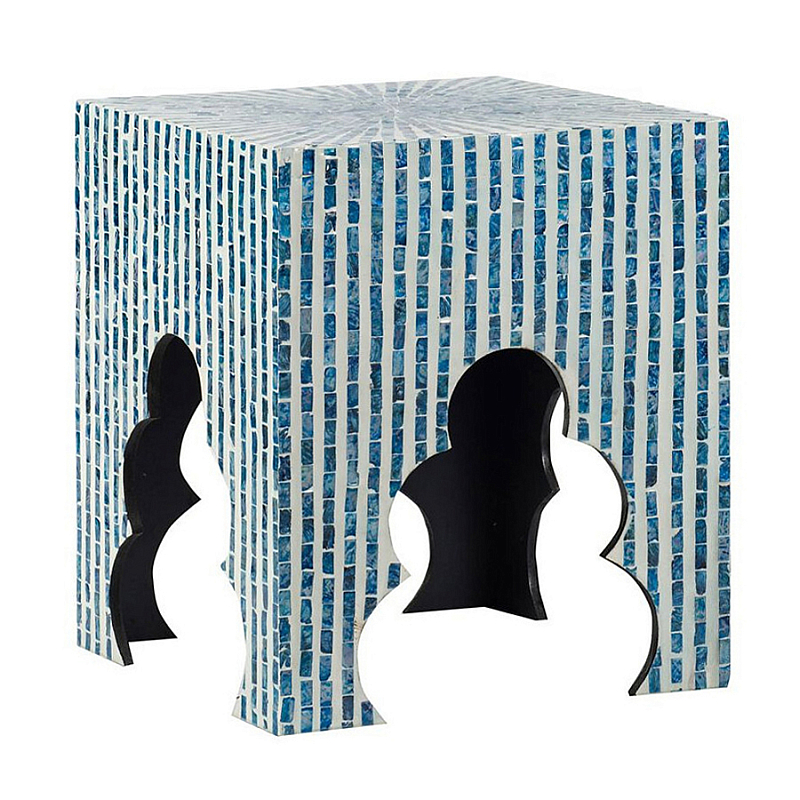 Приставной столик с инкрустацией раковинами устриц Bone Inlay Белый Синий в Ульяновске | Loft Concept 