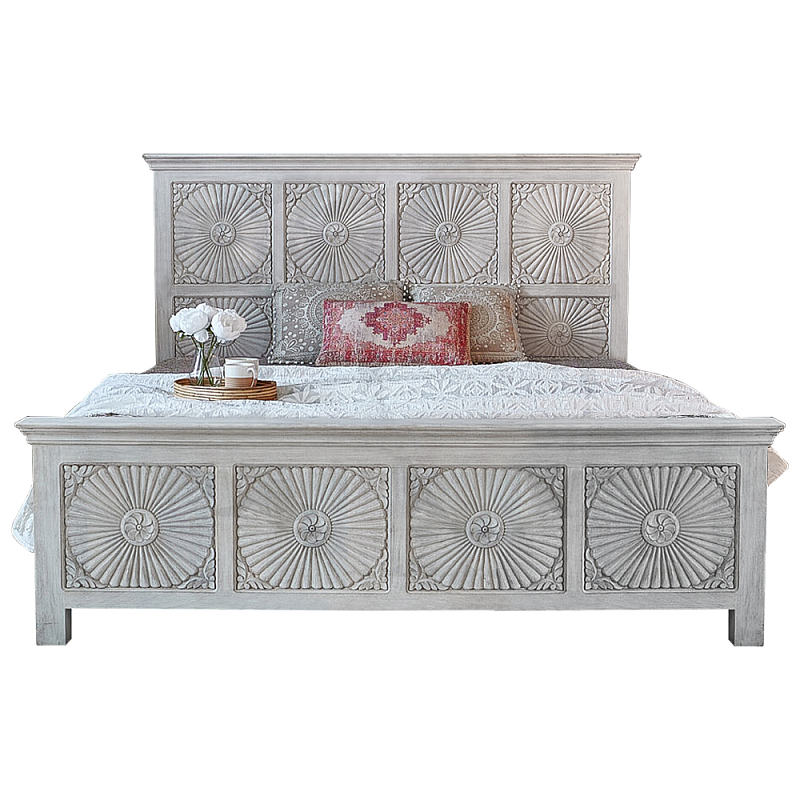 Двуспальная кровать из массива манго с резьбой Olan Grey Mango Bed Светло-бежевый Двуспальная кровать из массива манго с резьбой Olan Grey Mango Bed Светло-бежевый в Ульяновске | Loft Concept