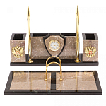 Настольный письменный набор из бежевого мрамора с часами и гербом Marble Accessory варинант исполнения - 1 | Loft Concept в Ульяновске