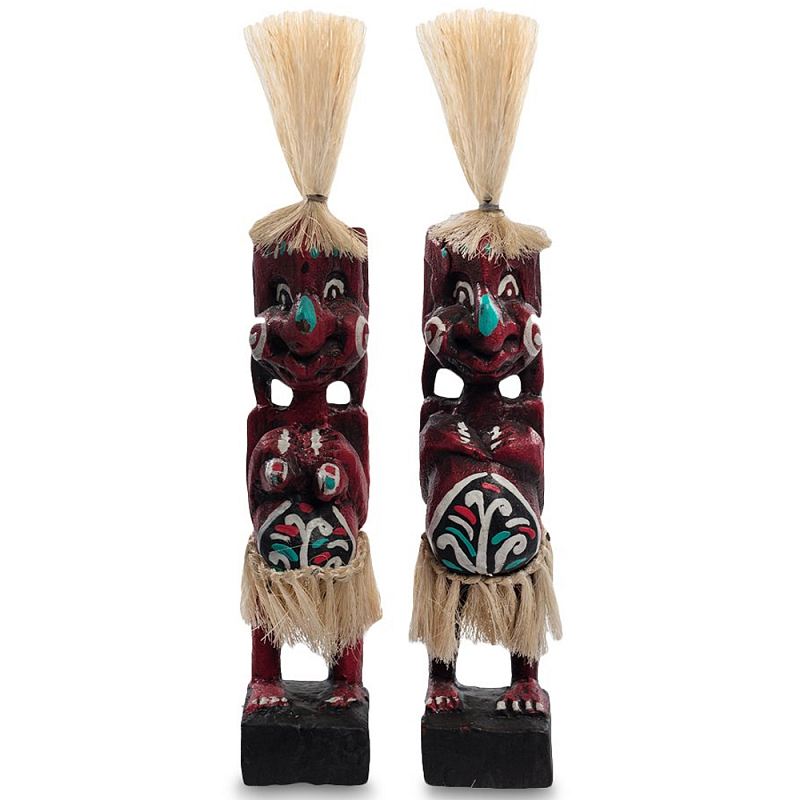Комплект из 2-х деревянных статуэток Asmat Straw Headdress Statuettes Red Turquoise Красный Бежевый Бирюзовый Белый Мульти Комплект из 2-х деревянных статуэток Asmat Straw Headdress Statuettes Red Turquoise Красный Бежевый Бирюзовый Белый Мульти в Ульяновске | Loft Concept