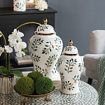 Ваза белая с крышкой с рисунком зеленых и золотых листьев 48 см Chinoiserie Ceramics варинант исполнения - 4 | Loft Concept в Ульяновске