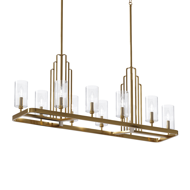 Люстра прямоугольная цвета латунь с прозрачными рифлеными цилиндрическими плафонами Kichler Латунь Прозрачное Стекло Никель в Ульяновске | Loft Concept 