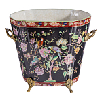 Кашпо из фарфора черная с цветочной росписью и бронзовой стрекозой Spring Garden варинант исполнения - 1 | Loft Concept в Ульяновске