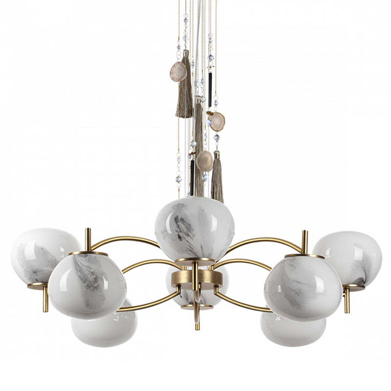 Люстра подвесная с 8-ю шарообразными плафонами из белого стекла с подвесками из камня и кисточками Agatelle Латунь Бежевый Серый Белый в Ульяновске | Loft Concept 