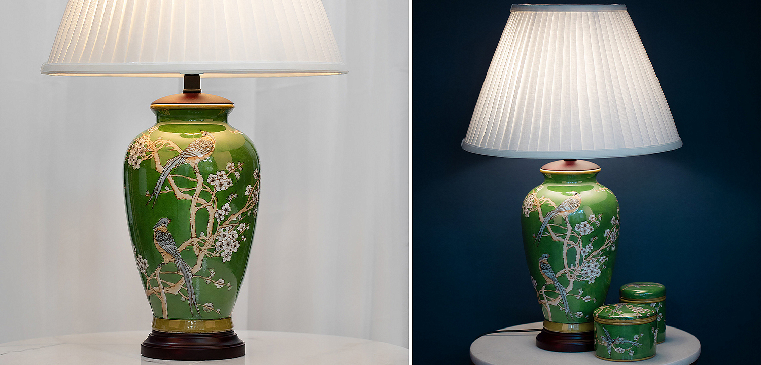 Настольная лампа с абажуром Birds Green Chinoiserie Lampshade Настольная лампа с абажуром Birds Green Chinoiserie Lampshade - Loft-Concept в Ульяновске