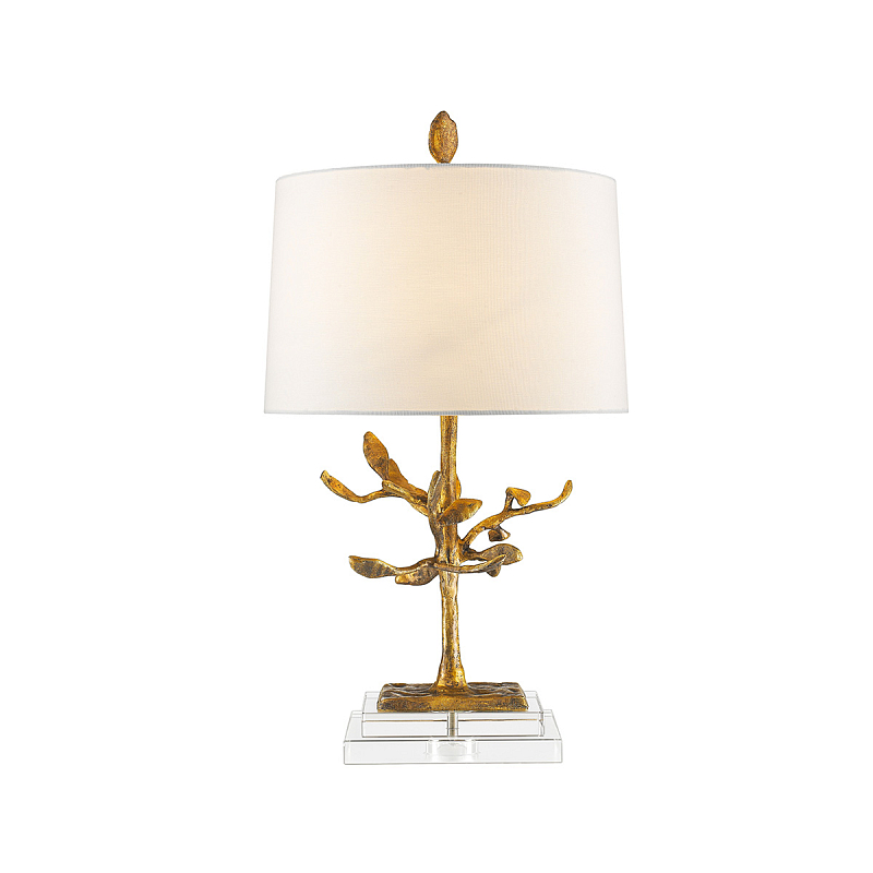 Настольная лампа с кремовым льняным цилиндрическим абажуром и ножкой в форме золотистой ветки Gilded Nola Золотой Белый Бежевый в Ульяновске | Loft Concept 