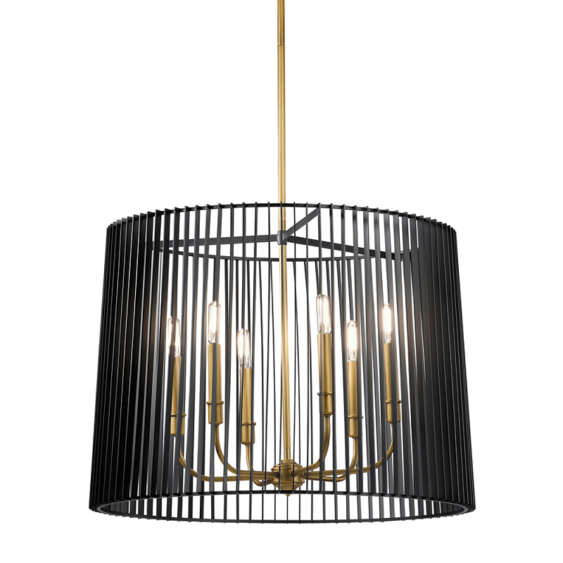 Люстра цвета латунь с 6-ю лампами свечами внутри цилиндрического абажура из черных металлических реек Kichler Латунь Черный в Ульяновске | Loft Concept 