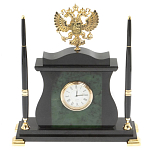 Часы настольные с Гербом России и 2-мя шариковыми ручками в комплекте Stone Clock варинант исполнения - 1 | Loft Concept в Ульяновске