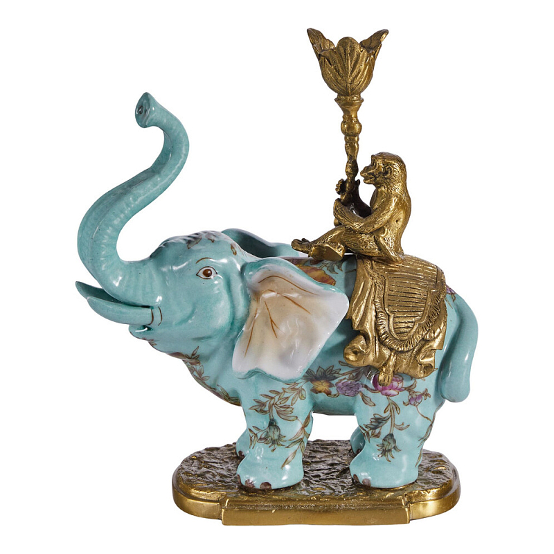 Подсвечник в виде слона из фарфора с бронзовыми элементами Elephant in the Garden of Eden Бронза Голубой Мульти в Ульяновске | Loft Concept 