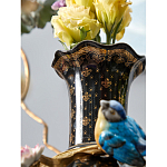 Ваза черная фарфоровая с  узором и бронзовым декором в виде веток с фарфоровой птичкой и цветами Eden Garden варинант исполнения - 4 | Loft Concept в Ульяновске