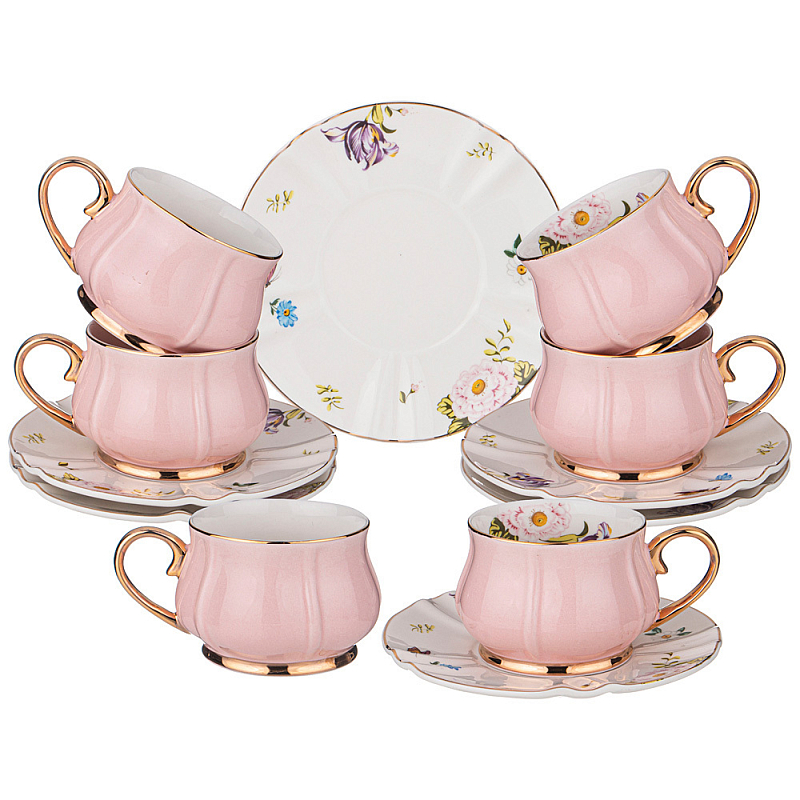 Чайный набор из фарфора на 6 персон 12 предметов Tea Porcelain Set Белый Золотой Розовый в Ульяновске | Loft Concept 