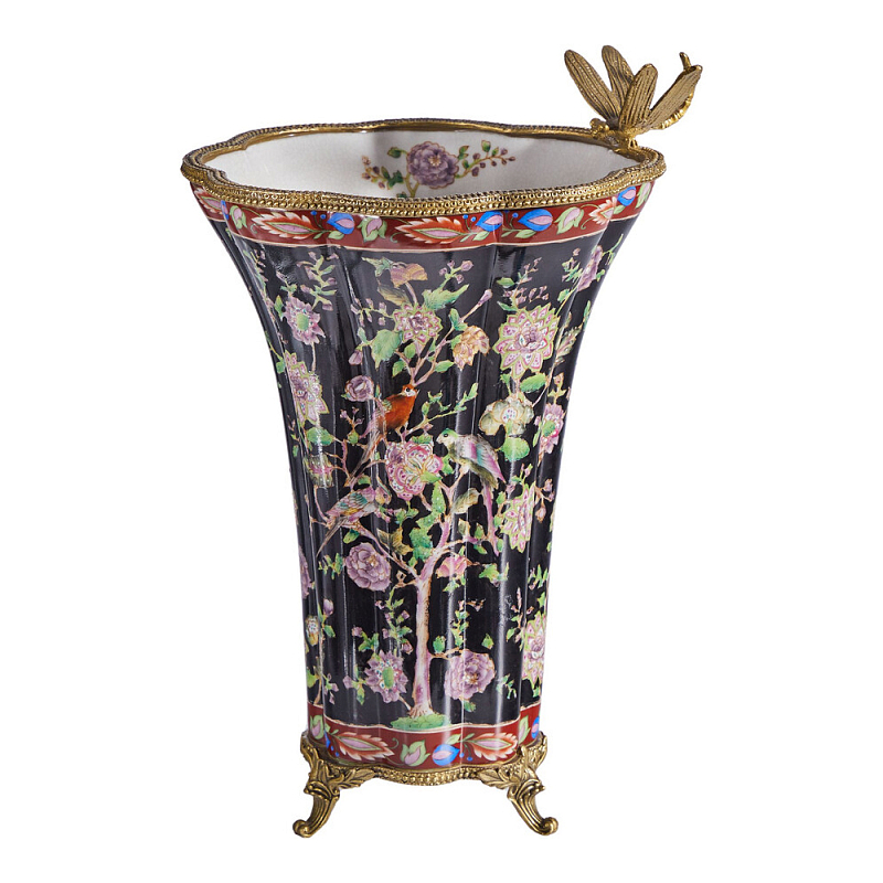 Ваза из фарфора черная с цветочной росписью и бронзовой стрекозой Spring Garden Бронза Мульти Черный в Ульяновске | Loft Concept 