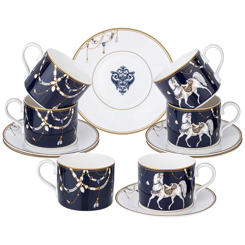 Чайный набор из фарфора с изображением лошадей на 6 персон 12 предметов Porcelain Horse Set Белый Синий в Ульяновске | Loft Concept 