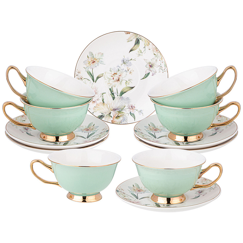 Чайный набор из фарфора на 6 персон Tea Porcelain Set Белый Золотой Зеленый в Ульяновске | Loft Concept 