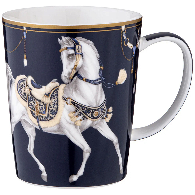 Кружка из фарфора синяя с изображением лошади 400 мл Porcelain Horse Set Белый Синий Золотой в Ульяновске | Loft Concept 