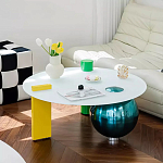 Дизайнерский журнальный стол с круглой белой столешницей на 3-х геометрических ножках Tajefox варинант исполнения - 2 | Loft Concept в Ульяновске