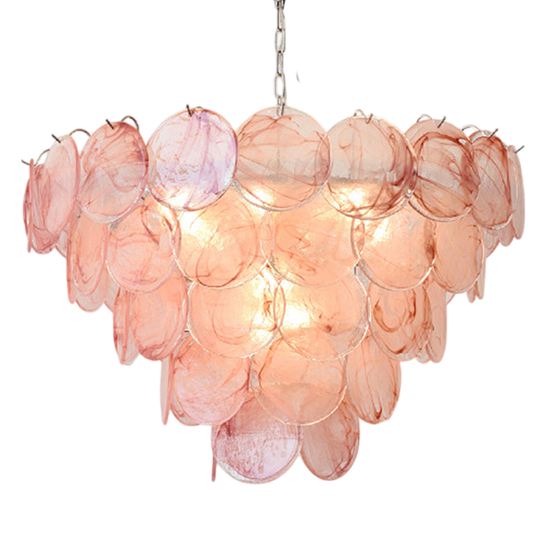 Люстра с каскадом из круглых розовых стеклянных дисков Pink Light Waterfall Розовый Хром в Ульяновске | Loft Concept 