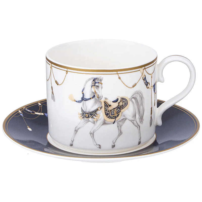 Чайная пара из фарфора с изображением лошади 300 мл Porcelain Horse Set 2 Белый Синий Золотой в Ульяновске | Loft Concept 