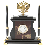Часы настольные с Гербом России и 2-мя шариковыми ручками в комплекте Stone Clock варинант исполнения - 4 | Loft Concept в Ульяновске