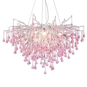 Люстра серебрянная с розовыми стеклянными подвесками в форме капель FAIRYTREE Light
