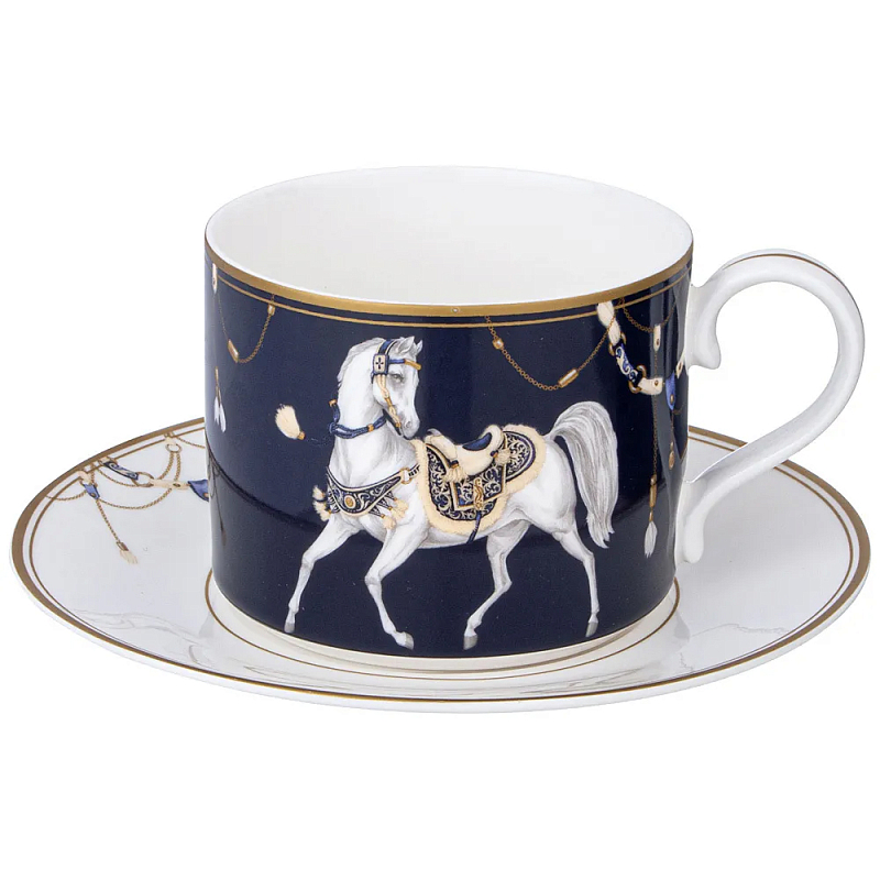 Чайная пара из фарфора с изображением лошади 300 мл Porcelain Horse Set  Белый Синий Золотой в Ульяновске | Loft Concept 