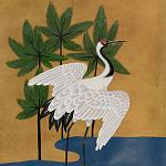 Обои ручная роспись Tsuro Cranes Original colourway on Gold Bullion gilded silk варинант исполнения - 1 | Loft Concept в Ульяновске