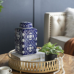 Ваза прямоугольной формы с крышкой и геометрическим узором в сине-белых цветах Blue & White Ornament  варинант исполнения - 7 | Loft Concept в Ульяновске