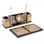 Настольный письменный набор из бежевого мрамора с часами и гербом Marble Accessory варинант исполнения - 2 | Loft Concept в Ульяновске