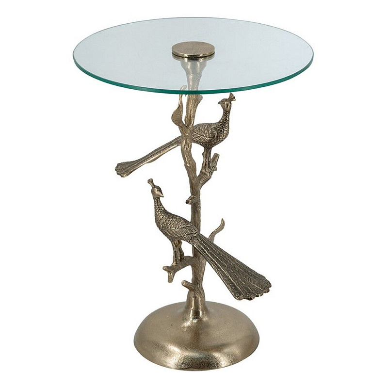 Столик с круглой стеклянной столешницей и корпусом в виде двух павлинов на ветке Table Two Peacocks Золотой Прозрачный в Ульяновске | Loft Concept 