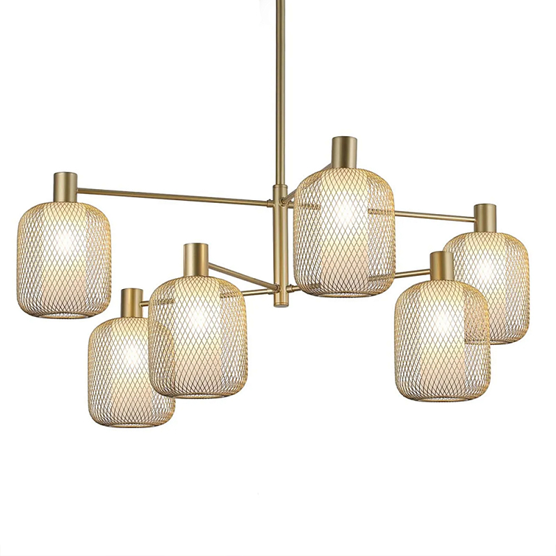 Люстра потолочная с абажурами из металлической сетки Loft Grid Pendant Gold Черный Золотой в Ульяновске | Loft Concept 