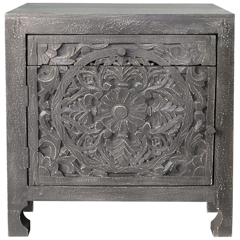 Деревянная тумба с резными ящиком и дверцей Azure Grey Wooden Nightstand Серый Деревянная тумба с резными ящиком и дверцей Azure Grey Wooden Nightstand Серый в Ульяновске | Loft Concept