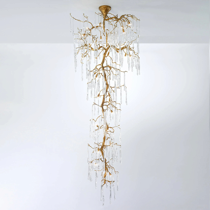 Люстра большая каскадная с прозрачными подвесками в форме капель Droplet Chandelier Золотой Прозрачный Люстра большая каскадная с прозрачными подвесками в форме капель Droplet Chandelier Золотой Прозрачный в Ульяновске | Loft Concept