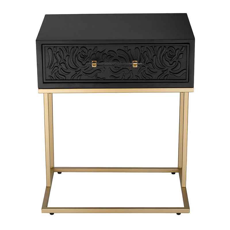 Приставной столик с резным узором на выдвижном ящике Black Table Carved Pattern Черный Золотой в Ульяновске | Loft Concept 